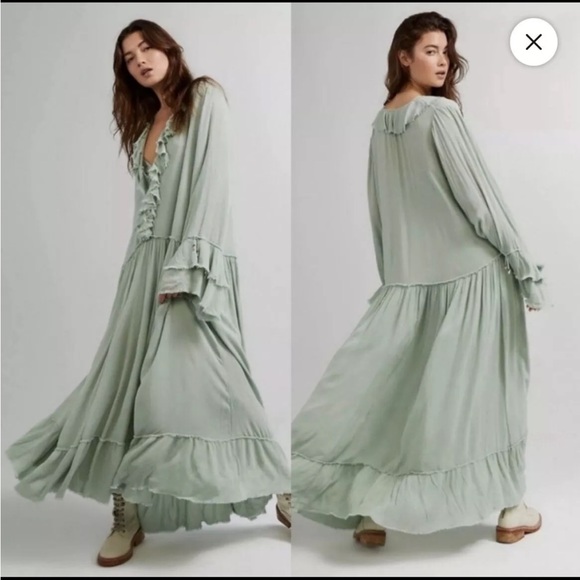 Free People Sweet Darlin Minted Jade Maxi Ruffle Dress Boho Women's Medium - Picture 1 of 2